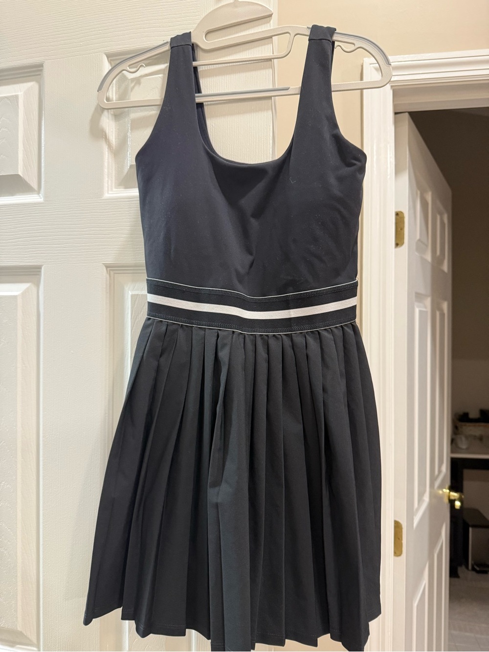 all in motion Black Pleated Tank Dress with White-Trim Waistband